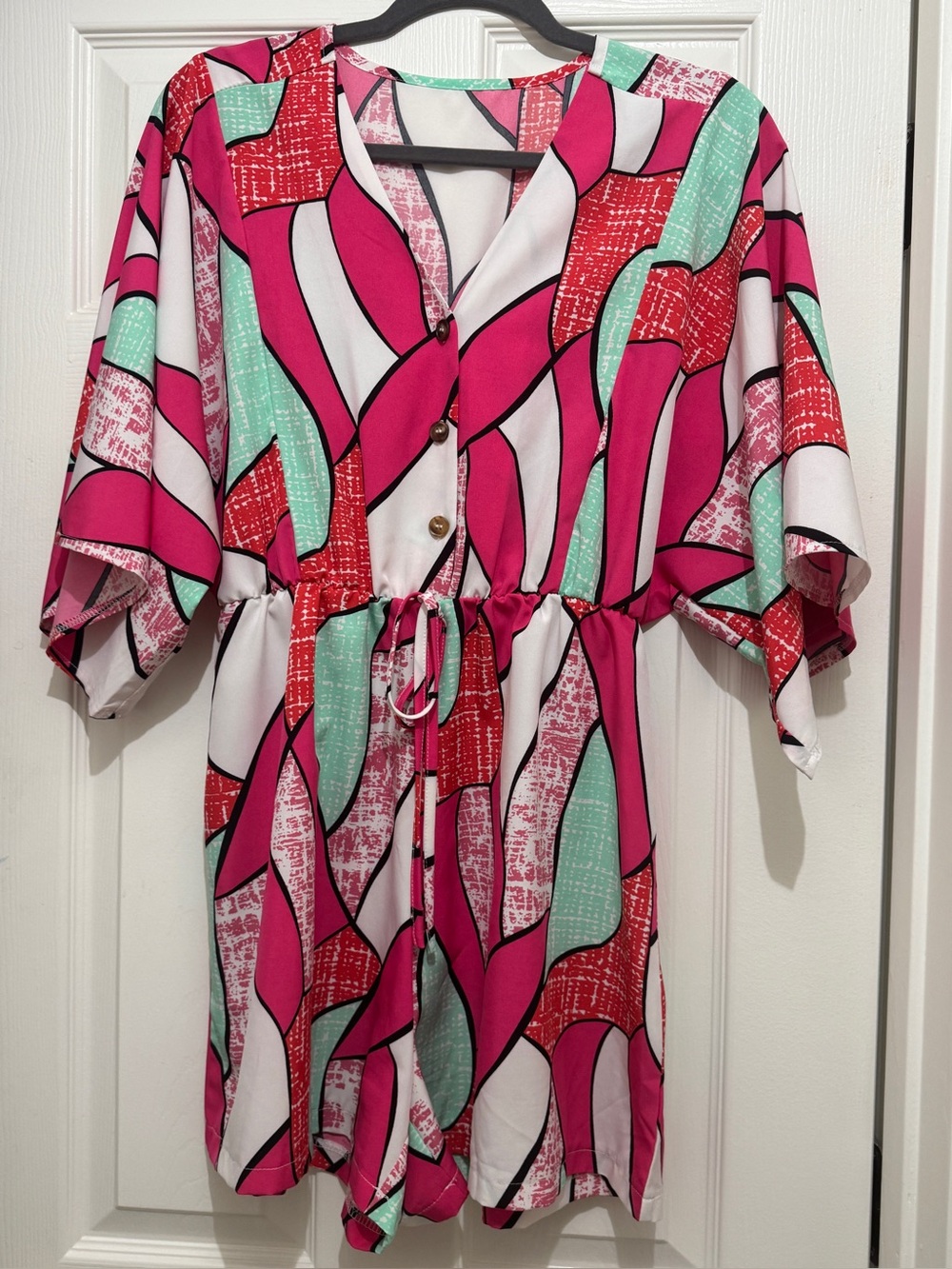 SHEIN Pink, Mint & Red Abstract Tie-Waist Romper